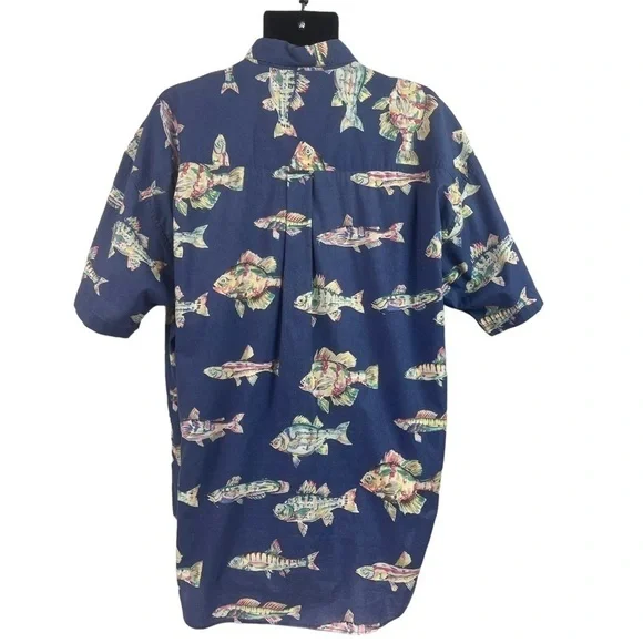 Chaps Ralph Lauren Short Sleeve Shirt All Over Fish Print Blue XL Vintage - Picture 4 of 7